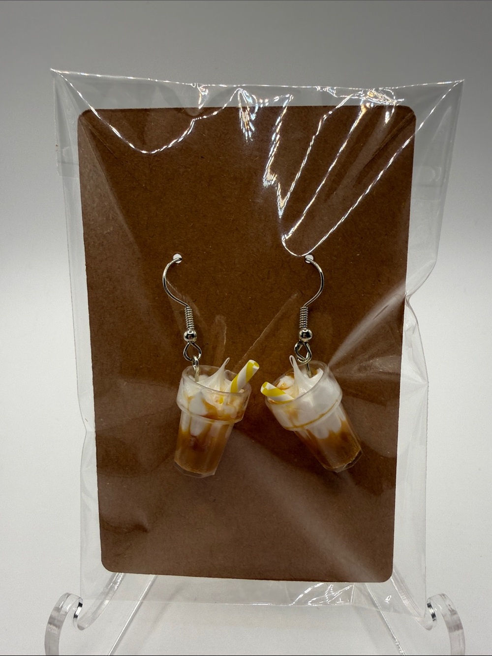 Milk Tea Bubble Drink Dangle Earrings - Brown & White